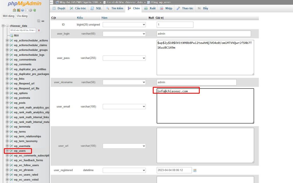 Cách đổi mail admin wordpress từ phpmyadmin