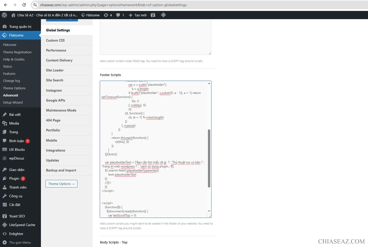 đối với theme flasome bạn chèn vào Footer Scripts
